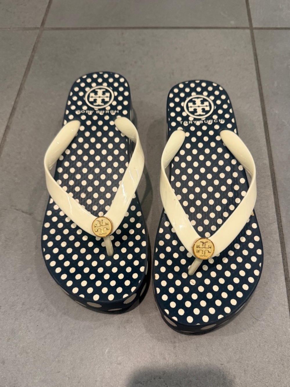 Tory Burch Navy Polka Dot Platform Flip Flops with Cream Straps and Gold Logo